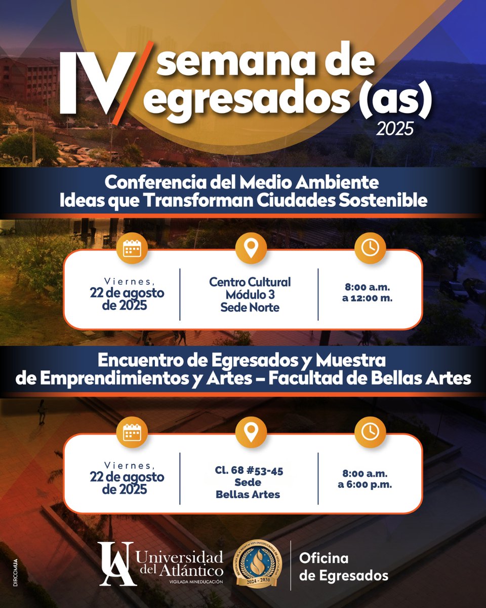 🌱🏙️ viernes, 22 de agosto de 2025 — Un día para inspirarte, aprender y celebrar el talento uniatlanticenses.

💡 Conferencia del Medio Ambiente – Ideas que Transforman Ciudades Sostenibles
📍 Centro Cultural, Módulo 3 – Sede Norte
🕗 8:00 a.m. – 12:00 p.m.
Exploraremos