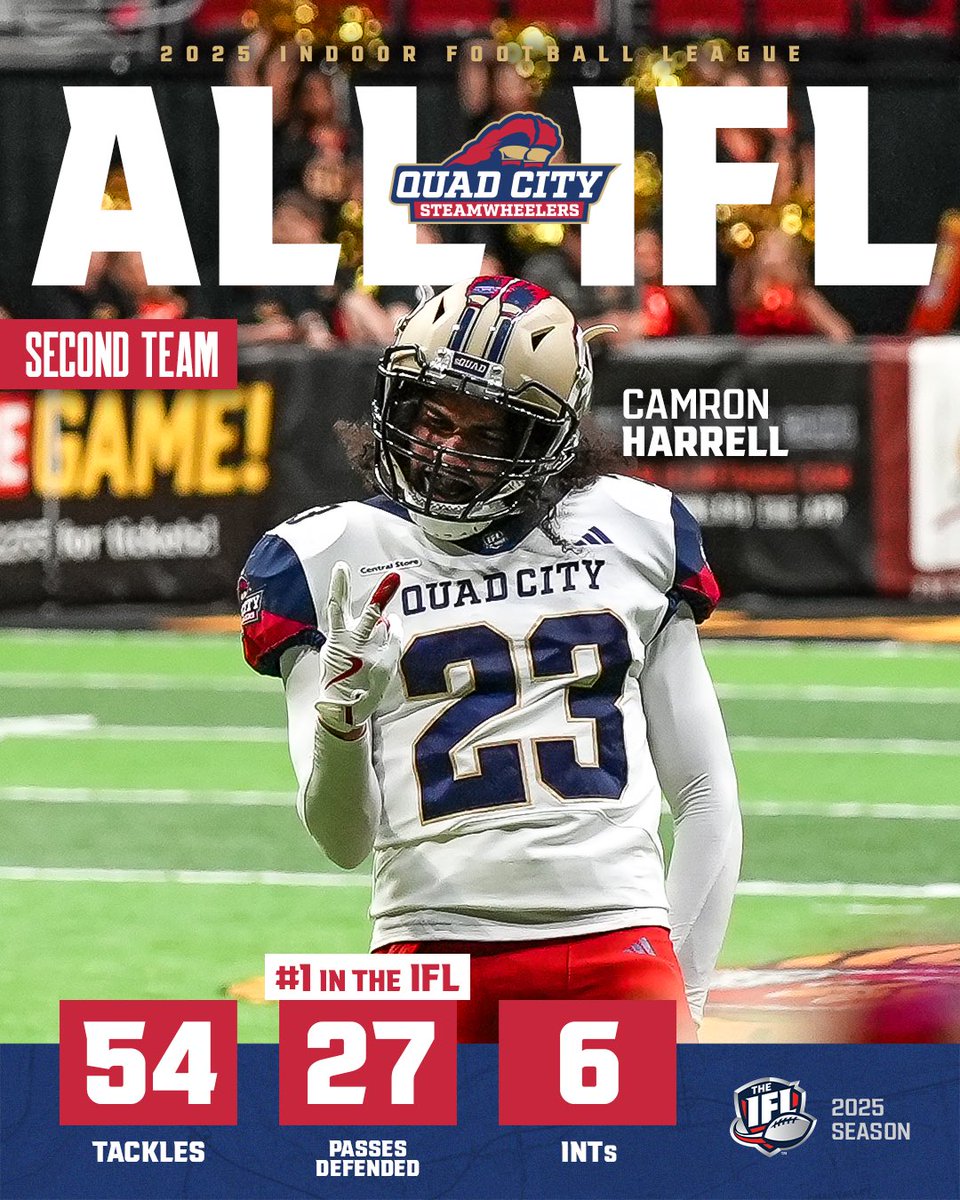BINO ‼️

2025 Second Team All-IFL Camron Harrell
18 games played
- 54 tackles
- 6 INTs - 4th in IFL
- 27 passes defended - 1st in IFL
- 2 fumble recoveries / 1 FF
- 3 TDs

#sQUADCITY | #EarnYourStacks