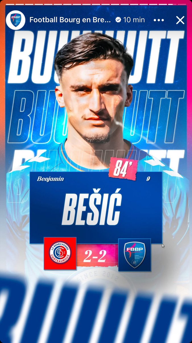 Oui, Benjamin Besic vient de chez nous. 

Ce soir, il égalise à la 84ème minute pour le <a href="/FBBP01/">F. Bourg-en-Bresse Péronnas 01</a> sur la pelouse de <a href="/LaBerrichonne/">La Berrichonne de Châteauroux</a>. 

Un grand bravo Ben !