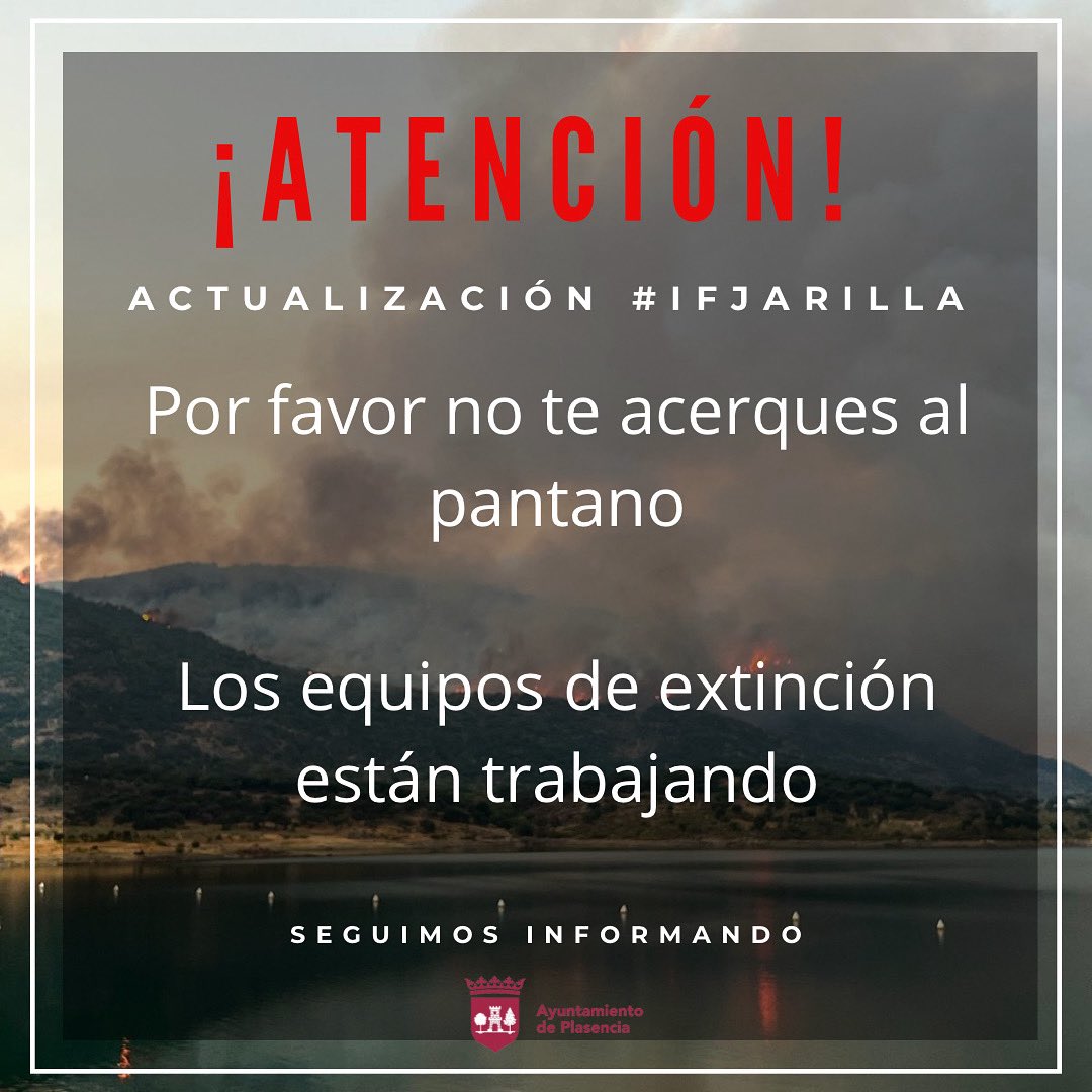 Ayto_Plasencia's tweet photo. 🚨 ATENCIÓN 🚨
Pedimos a la ciudadanía que NO se acerque al pantano.
Los equipos trabajan en la extinción del incendio y la presencia de personas en la zona puede ser muy peligrosa y dificultar las labores.
🙏 Colabora, respeta los perímetros y comparte.
#Incendio #Emergencias https://t.co/uuiP0rVcDH