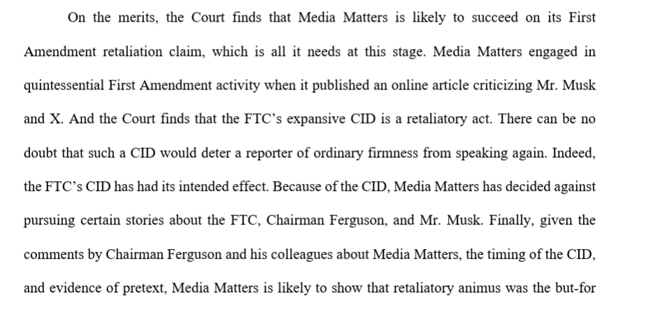 Adam Steinbaugh (@adamsteinbaugh) on Twitter photo Federal district court blocks FTC investigation into Media Matters, finding the "expansive" investigation is "a retaliatory act" for <a href="/mmfa/">Media Matters</a>'s criticism of Elon Musk. Federal district court blocks FTC investigation into Media Matters, finding the "expansive" investigation is "a retaliatory act" for <a href="/mmfa/">Media Matters</a>'s criticism of Elon Musk.
