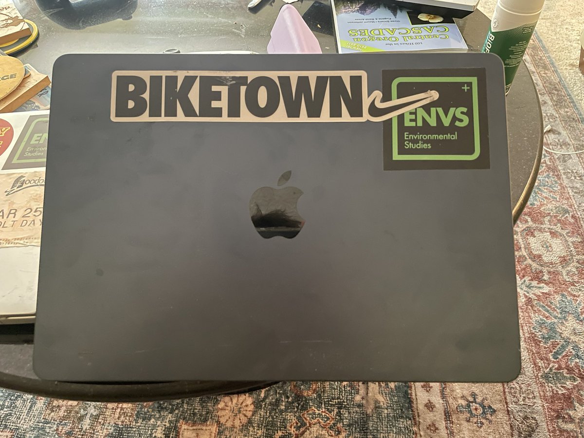 lelindquist13's tweet photo. riki aura farming and then my old laptop stickers, and the beginning of my new laptop’s stickers (stole the biketown one from a scooter outside Abu Omar). only started putting stickers on that old laptop 6 months ago, unfortunately I won’t be filling the frame https://t.co/ltuCmrmnId