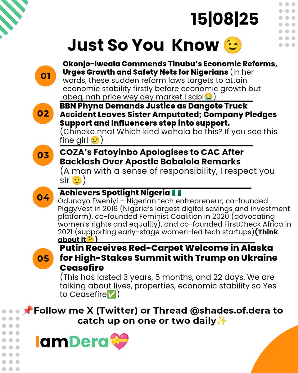 CHIDERAAZUBUIK1's tweet photo. News Highlights for Today ✨
Stay informed😉
#Okonjo-Iweala
#Dangote
#Coza
#AchieversspotlightNigeria
#Redcarpet https://t.co/ZSsHCNhoav