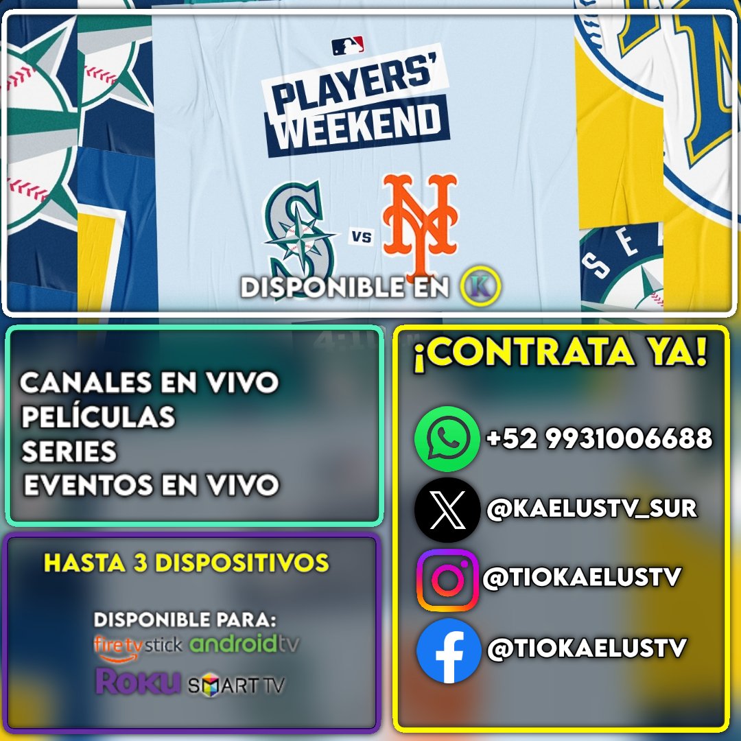 ⚾ #SeattleMariners
vs #NewYorkMets en vivo 5:10 pm Hora Centro en Categoría MLB, ESPN2 MX por Kaelus TV

Activa tu prueba gratis y disfruta:
• Canales de TV 📺
• Películas &amp; Series 🎥🍿
• Eventos Deportivos &amp; Espectáculos en vivo ⚽🎪

 👇🏼👇🏼👇🏼

#TridentsUp #LGM