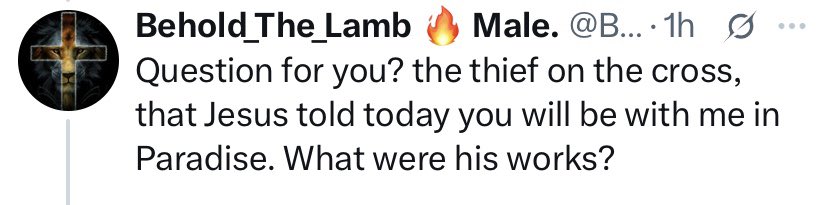 The Good Thief did A LOT of good works. He:

• admonished the evil thief
• defended Jesus
• confessed his guilt (to a priest no less)
• accepted his punishment
• suffered temporally
• turned to Jesus
• asked Jesus to remember him

Clearly NOT an example of “faith alone”.🧵