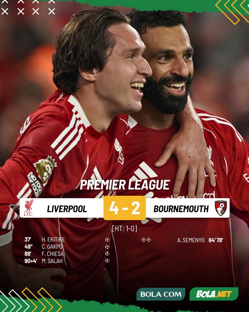 Bolanet's tweet photo. #LiveBolanet FT: Liverpool 4-2 Bournemouth | Poss: 61%-39% | Shots on Target: 10-3 | Fouls: 7-10
Nyaris berakhir imbang, The Reds pastikan kemenangan atas Bournemouth lewat Chiesa dan Mo Salah.
#Bolanet #Bolaneters #blcbm #premierleague #liverpool #bournemouth https://t.co/3XdqajXdO6
