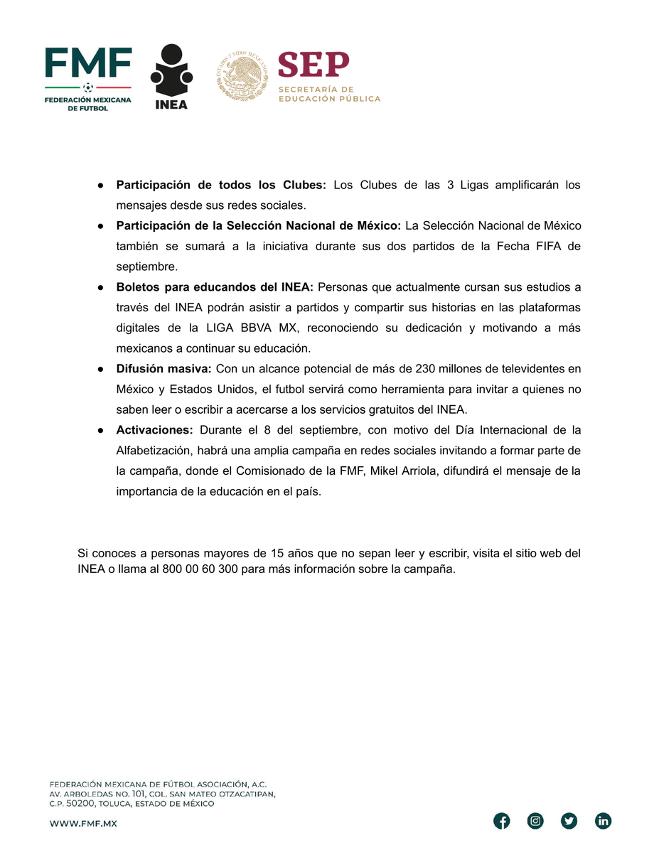 Federación Mexicana de Futbol (@fmf) on Twitter photo ¡Arranca hoy la campaña en pro de la alfabetización!
📚⚽ La FMF, <a href="/INEAmx/">INEA</a>, <a href="/SEP_mx/">SEP México</a> y <a href="/BBVA_Mex/">BBVA México</a> unen fuerzas para anotar el gol más importante: erradicar el analfabetismo en México. 🙌🏽📝
📌Conoce más detalles aquí 👇 ¡Arranca hoy la campaña en pro de la alfabetización!
📚⚽ La FMF, <a href="/INEAmx/">INEA</a>, <a href="/SEP_mx/">SEP México</a> y <a href="/BBVA_Mex/">BBVA México</a> unen fuerzas para anotar el gol más importante: erradicar el analfabetismo en México. 🙌🏽📝
📌Conoce más detalles aquí 👇