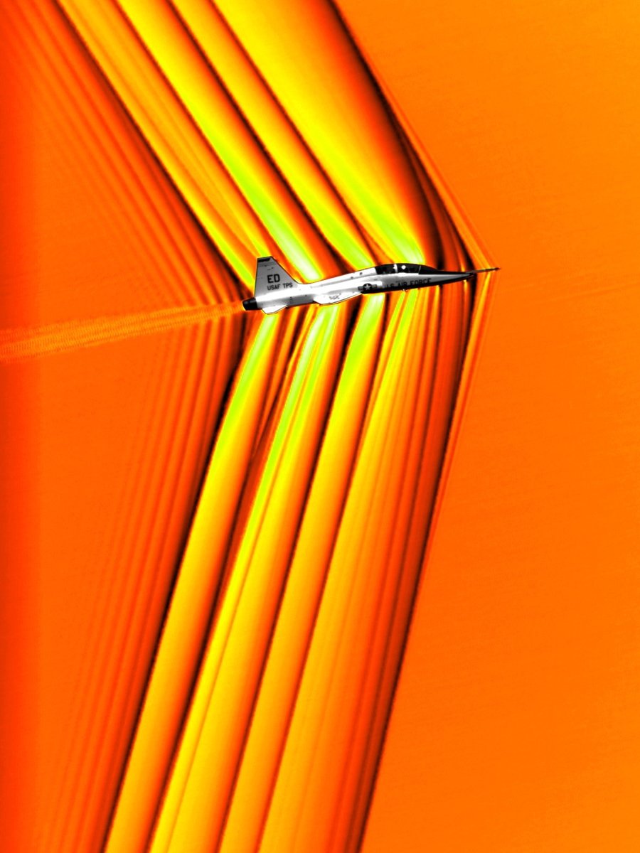 The life of a NASA Flight Research Center ✨ ✈️
 
Have you heard of schlieren imaging?
 
Schlieren imaging is a technique, seen here in from a flight series called AirBOS, that lets us see invisible airflows – like shock waves and vortices – coming off full-scale airplanes in