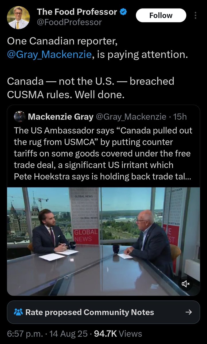 I know he schilled for Loblaws, and the CPC, but is the Food Professor actually being payed to spread propaganda for a hostile foreign government? Trump started this trade war, not Canada. Counter-tarriffs are retaliatory.