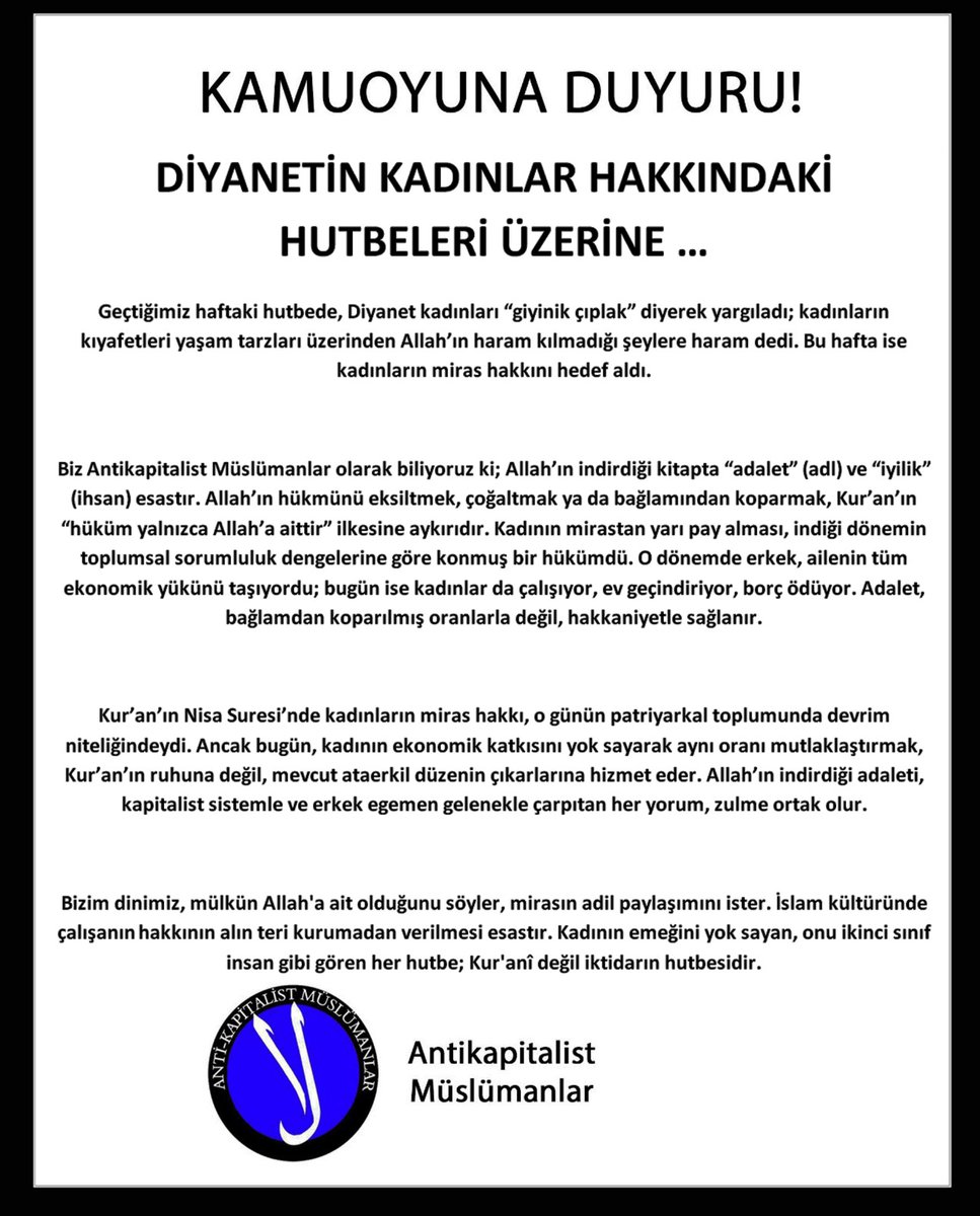 Kadınların yaşam tarzını ve haklarını konu edinen diyanet hutbelerine dair kamuoyuna duyurumuz: