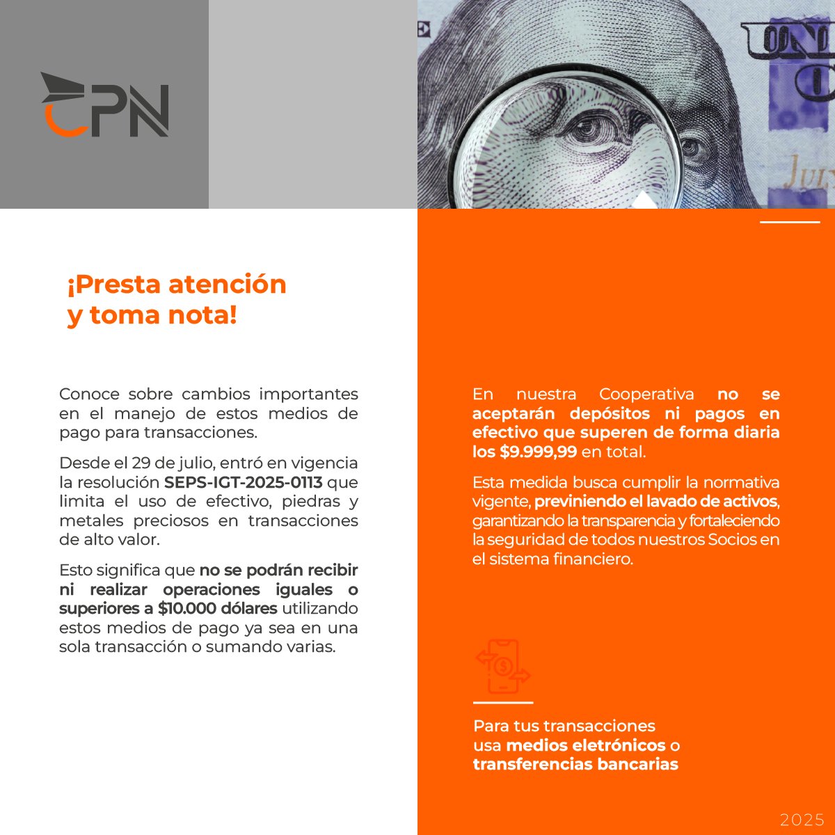 cpn_ecu's tweet photo. Conoce los cambios en el manejo de medios de pago📡
Desde el 29 de julio, rige la resolución SEPS-IGT-2025-0113, que limita el uso de efectivo, piedras y metales preciosos en transacciones de alto valor.
Fomentamos una cultura de cumplimiento y prevención de lavado de activos https://t.co/FibePBnu9t