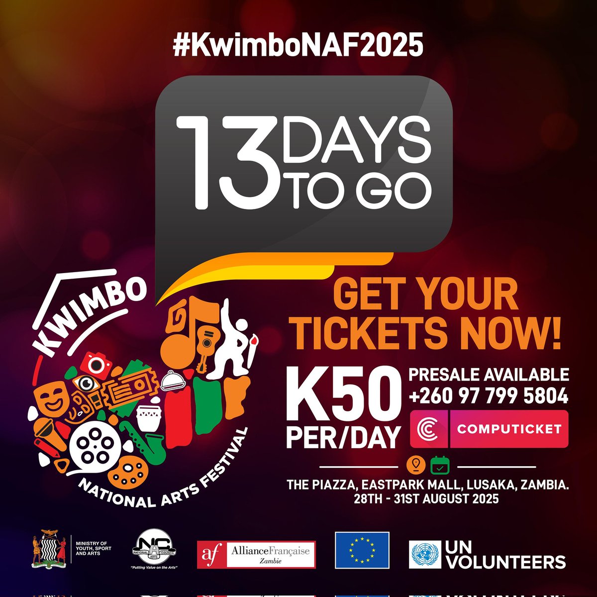 tiessoumapare's tweet photo. The countdown continues
13 DAYS TO GO until #KwimboNAF2025! We're thrilled to add more comedians to the stage: welcome Ken Dumbo, Blessings Deaf (Aug 28), and Mwanachingwala (Aug 29)! 😂
Get your K50 tickets from Computicket for non-stop music, art, and laughter! #ZambianComedy https://t.co/3cBLVoSbFN