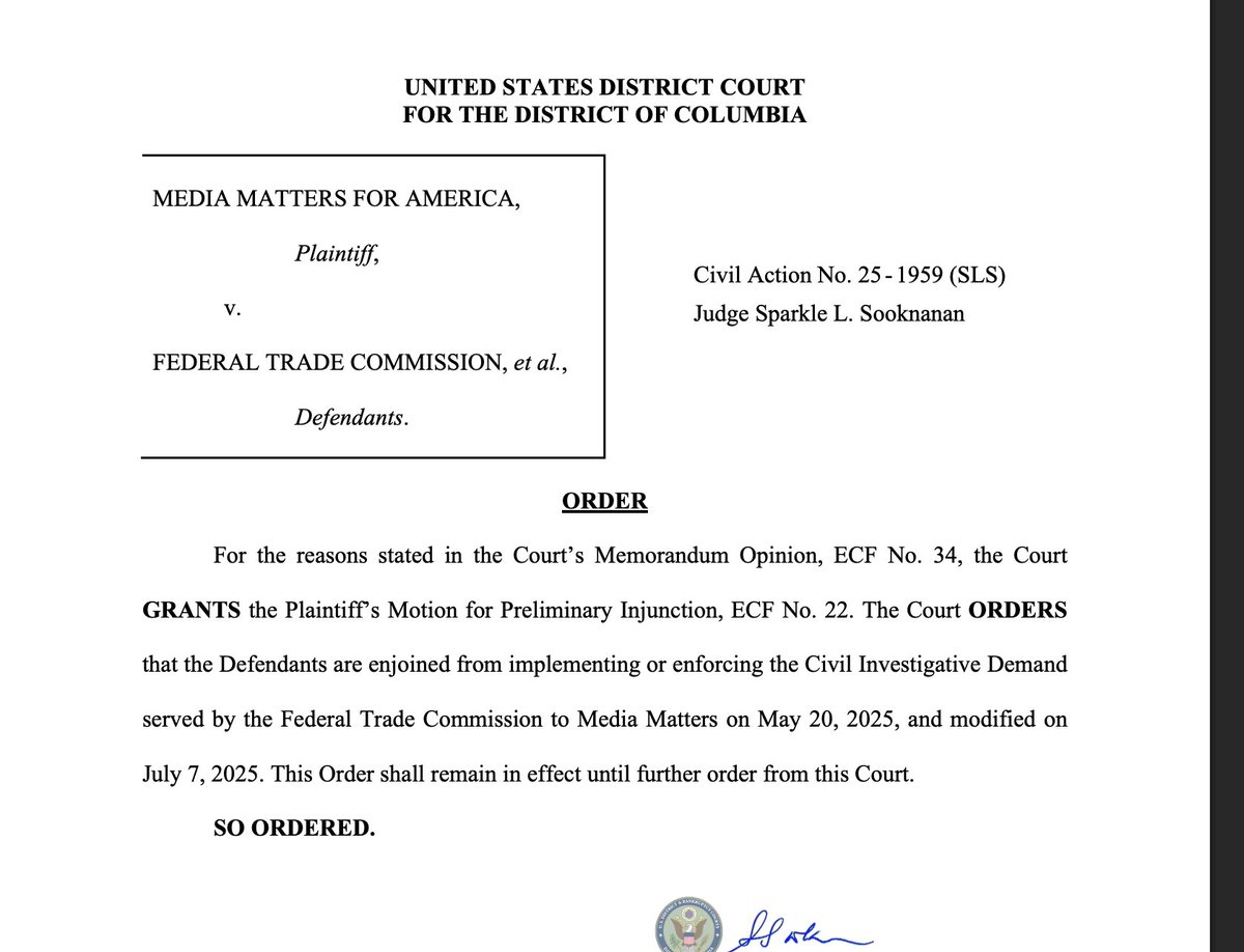 Breaking: Federal judge grants injunction blocking <a href="/FTC/">FTC</a> investigative subpoena of <a href="/mmfa/">Media Matters</a>