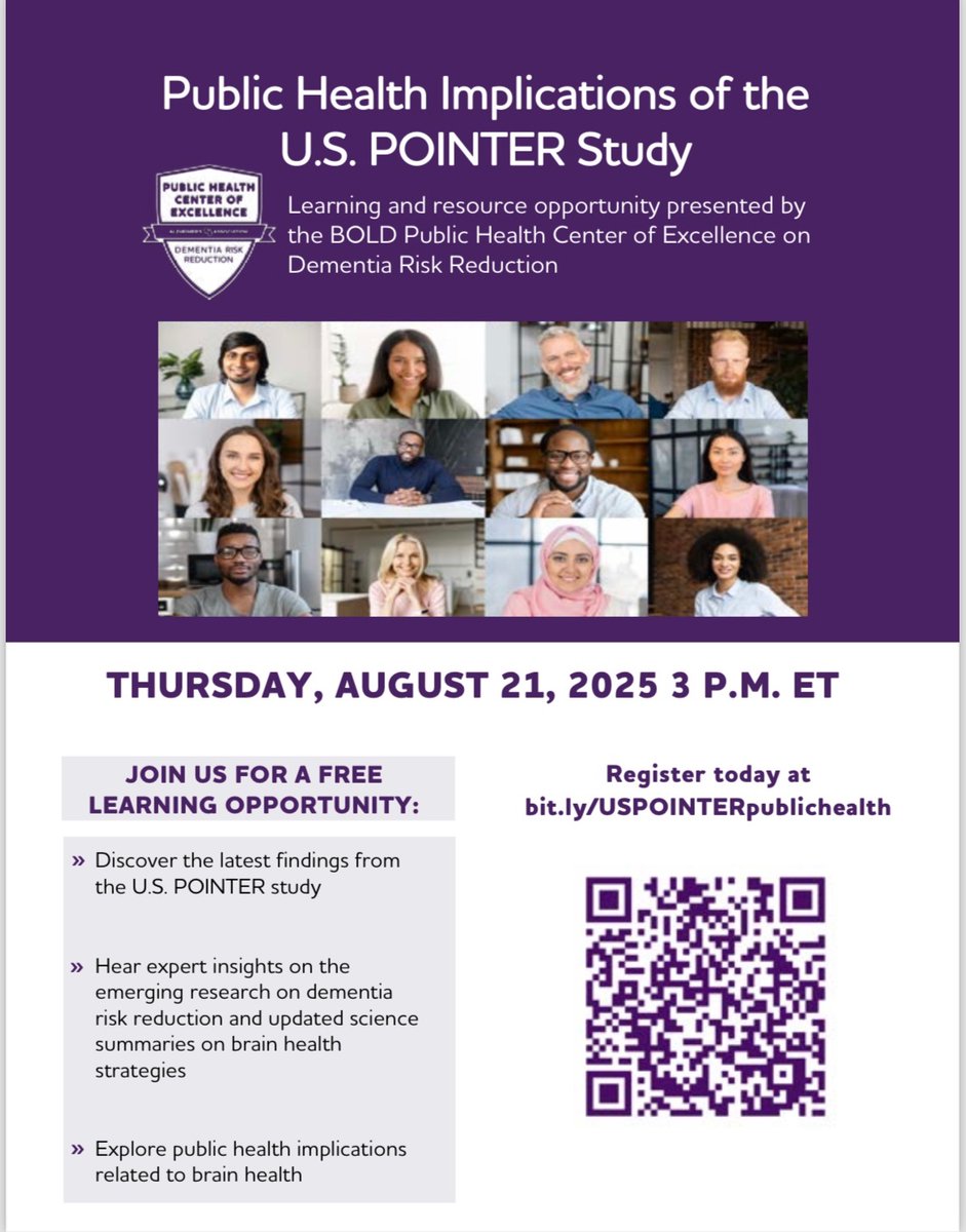 Join Us for a Free Webinar! 
Thursday, August 21 at 3 PM 

Register today for Public Health Implications of the U.S. POINTER Study — a groundbreaking look at how lifestyle changes can impact brain health. 

Register here: alz-org.zoom.us/webinar/regist…