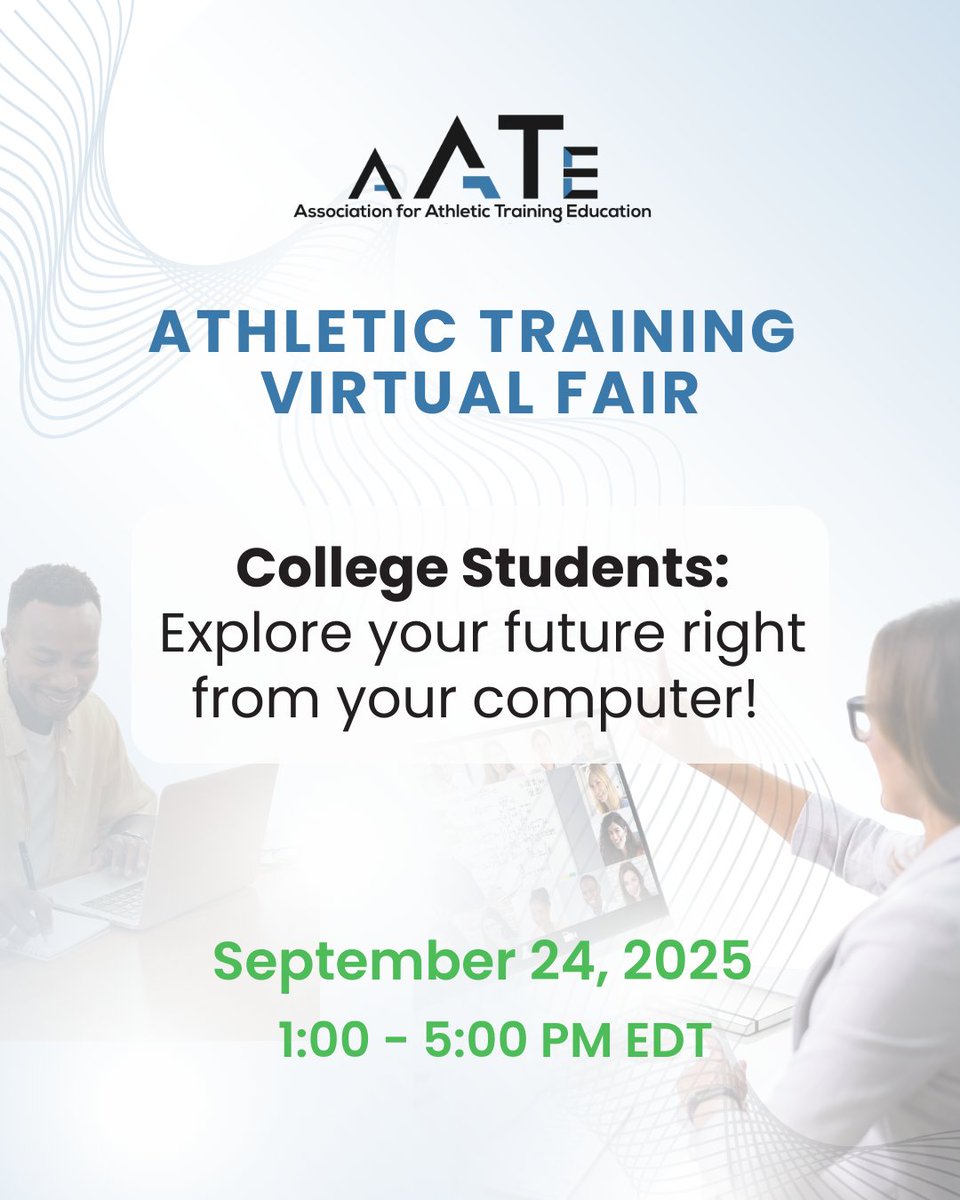 AssocATEdu's tweet photo. Ready to launch your athletic training career—or know someone who is?

Join the 2025 Collegiate Virtual Fair Sept 24, 1–5 PM EDT to meet AT master’s programs nationwide. 

No travel, no cost!
 https://t.co/QzPAHTNEWl

#VirtualFair #ATEducation #College #AthleticTraining https://t.co/esUxihz1UR