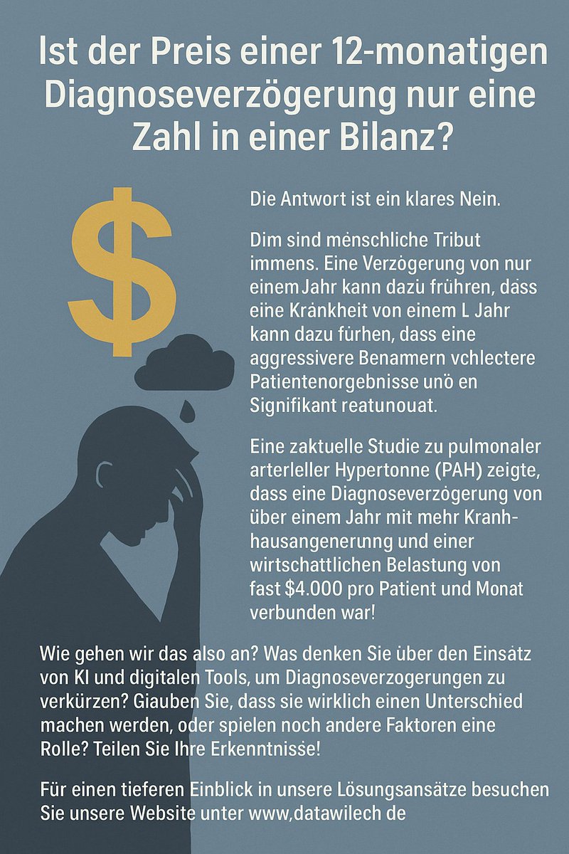 DatawilTech's tweet image. Was kostet eine 12-monatige Diagnoseverzögerung wirklich?

Es ist mehr als nur Geld – es ist das Fortschreiten einer Krankheit, aggressivere Behandlungen und eine geringere Lebensqualität.

Wie können wir Technologie nutzen, um diese Verzögerungen zu verkürzen?