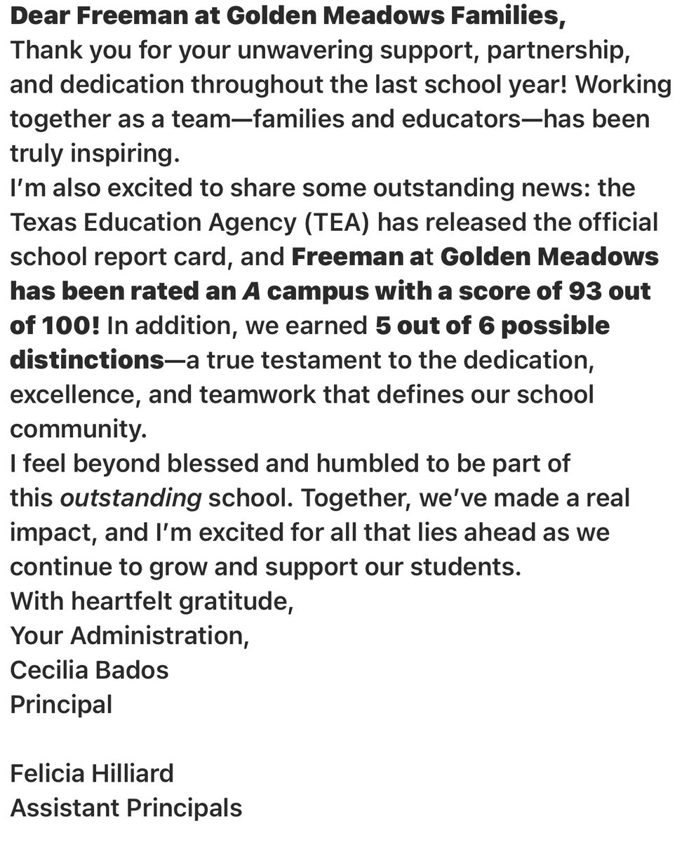 Freeman at Golden Meadows shines with an A rating! 🎉 93/100 &amp; 5/6 distinctions—thanks to our amazing teachers, dedicated parents &amp; incredible students! ❤️ Together, we soar! <a href="/BadosCeci/">Ceci Bados</a> <a href="/FDHilliard/">Felicia Hilliard, M. SpEd</a>
