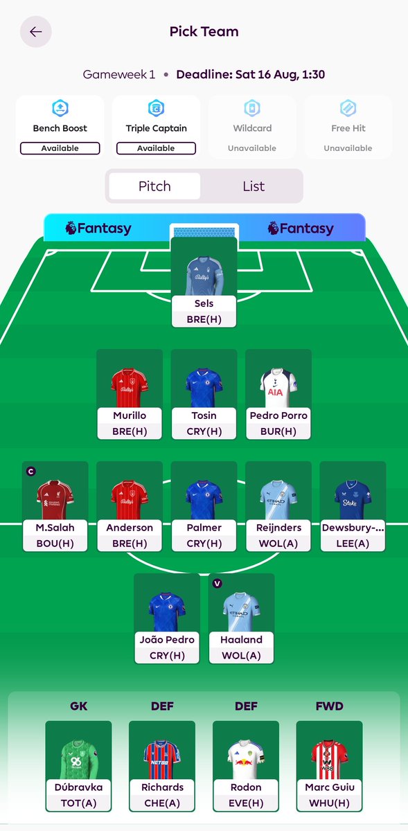 fpl_alpaca's tweet photo. GW1 - here we go! 

Glaring misses in the team are villa and arsenal cover so 🤞 

Hopefully within a few GW will know which ultra premium to downgrade and which new players to invest in. 

Tried to spread the risk in defence but Tosin pick is the only nervy one. 

Good luck all! https://t.co/PQnsi9LxWx