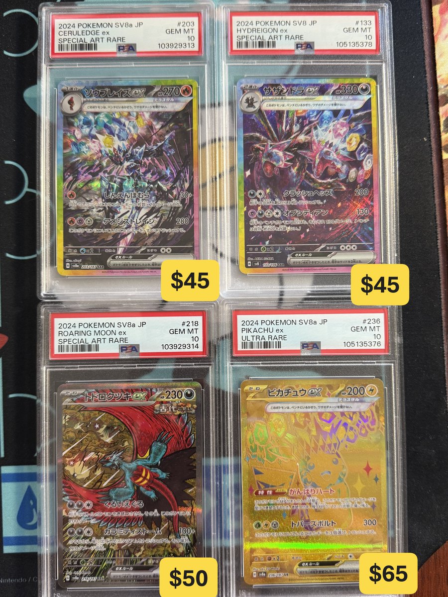 LSSSXu's tweet photo. WTS Japanese Pokemon PSA slabs.

Free BMWT.

Will take Paypal or Venmo. 
Buyer pay G&amp;S fees.

@BUYSELLTRADETCG
@CardboardBanger
@pokemonBST https://t.co/1HAvQAjuSu