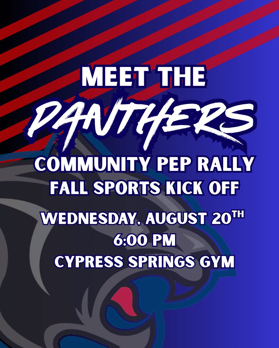 csabcofficial's tweet image. Mark Aug 20! Celebrating our athletes &amp;amp; spirit leaders—XC, Water Polo, Volleyball, Football, Cheer, Band &amp;amp; Panteras. Let’s fill the stands! 🐾
#CypressSprings #StudentAthletes #PantherNation #GoPanthers #BuiltDifferent
