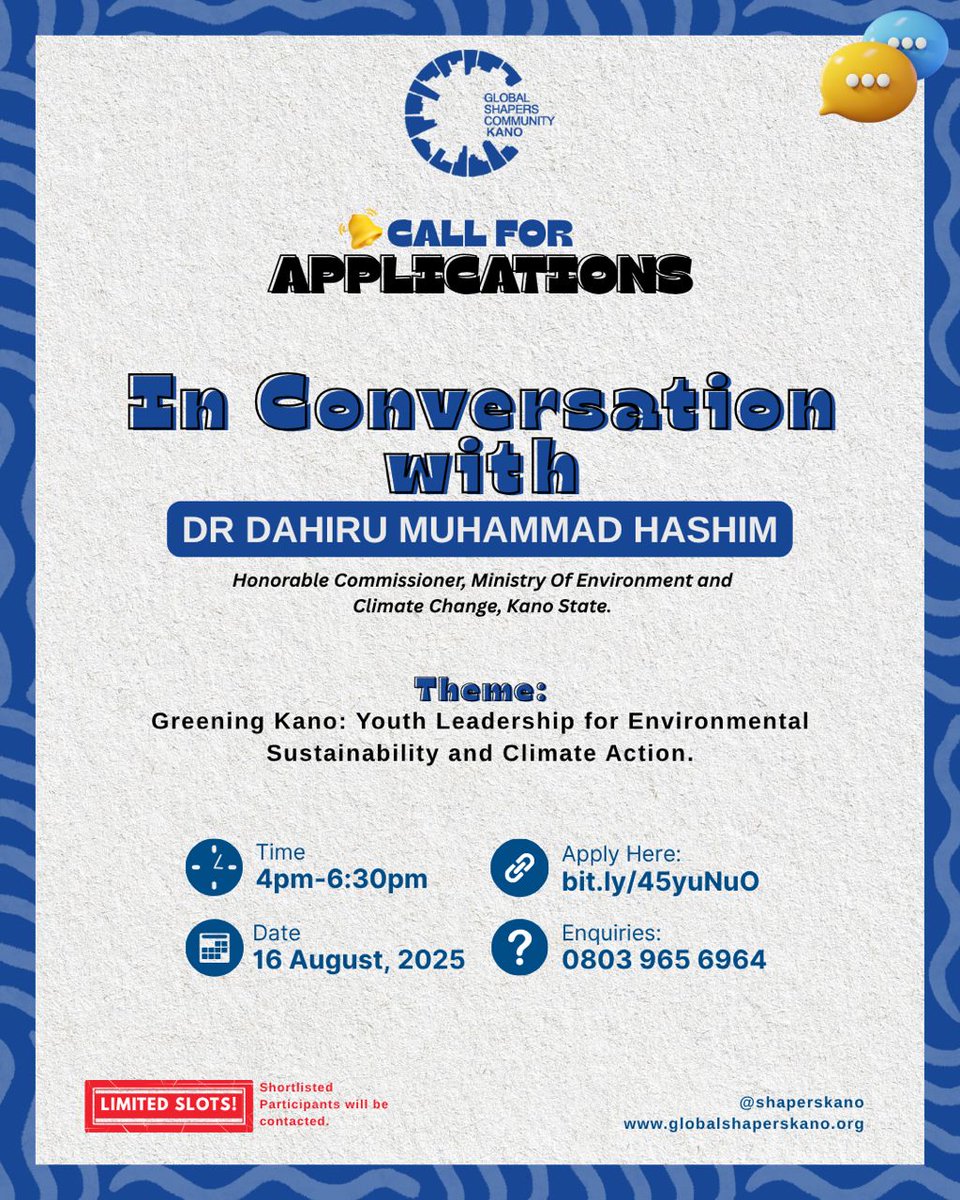 I am honoured to serve as the Special Guest at the Global Shapers Kano Hub’s Meet the Leader session, themed “Greening Kano: Youth Leadership for Environmental Sustainability and Climate Action.”

This platform will bring together young change-makers and leaders to engage in open