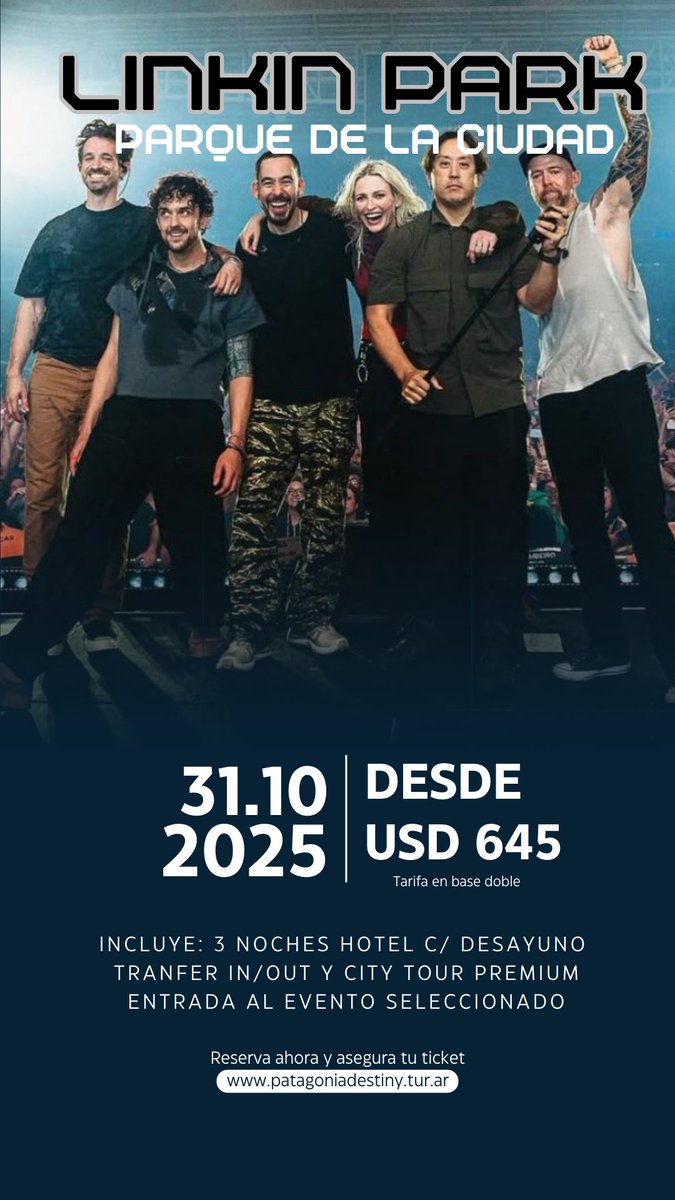 Nat78tw's tweet photo. 🎸🔥 Linkin Park – Parque de la Ciudad 🔥🎸
📅 31/10/2025

Incluye:
🏨 3 noches hotel + desayuno
🚐 Transfer IN/OUT
🏙 City Tour Premium
🎟 Entrada al evento

💲 Desde USD 645
📲 WhatsApp: +54 2804 633151
🌐 https://t.co/RSE83e1ADi

⚡ ¡Cupos limitados! https://t.co/0OVHTqRwAu