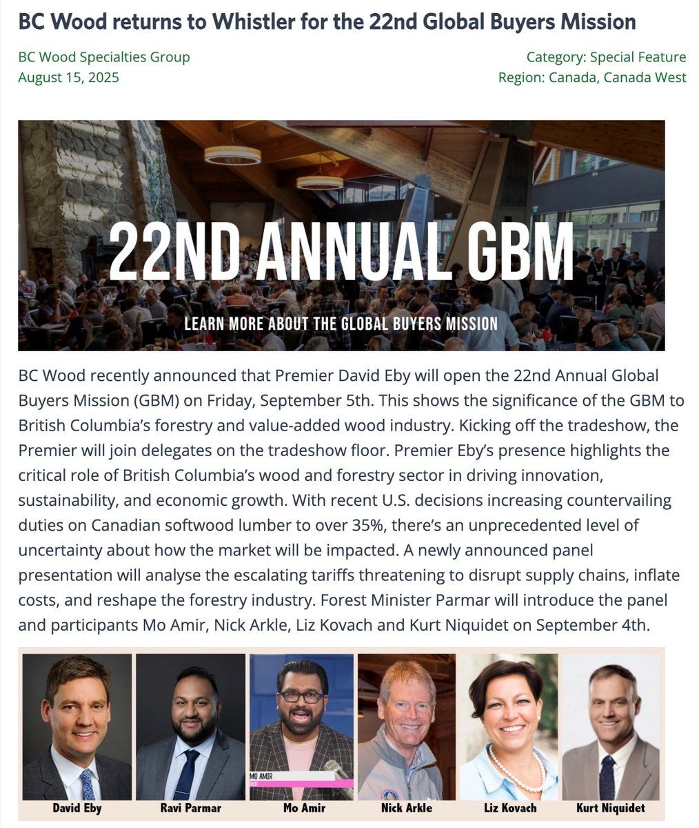 COFI_INFO's tweet photo. COFI’s Vice President & Chief Economist, Kurt Niquidet, will be joining Premier David Eby and Forests Minister Ravi Parmar, Mo Amir, Liz Kovach and COFI member and Gorman Group CEO Nick Arkle, at this year’s 22nd Annual Global Buyers Mission in Whistler.

Kurt will share insights on the economic impacts of the increased U.S. softwood lumber duties and what they could mean for BC’s forestry sector. The discussion will explore how these tariffs may disrupt supply chains, increase costs, and reshape the market.

📅 Panel Date: September 4
📍 Location: Whistler, BC

Check in with @BC_Wood to register today!

#2025GBM #Trade #BCForestry #SoftwoodLumber #SupplyChains #bcpoli @rparmar_BC @GormanBros