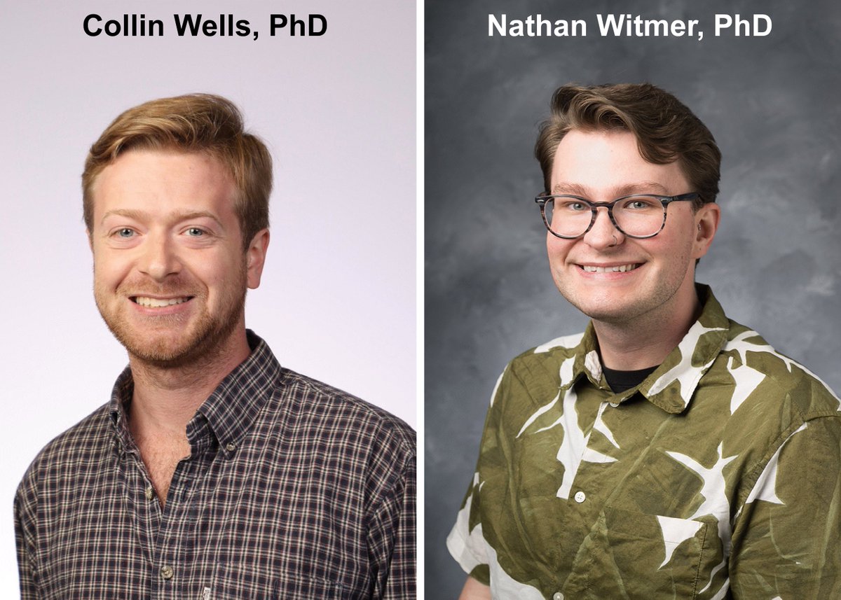 Happy to announce Collin Wells and Nathan Witmer as the newest postdoctoral fellows in our group. Collin joins us from the U of Louisville (trained with Bradford Hill) and Nathan is a recent graduate of the U of Iowa (trained with Ryan Boudreau). Welcome Collin and Nathan!