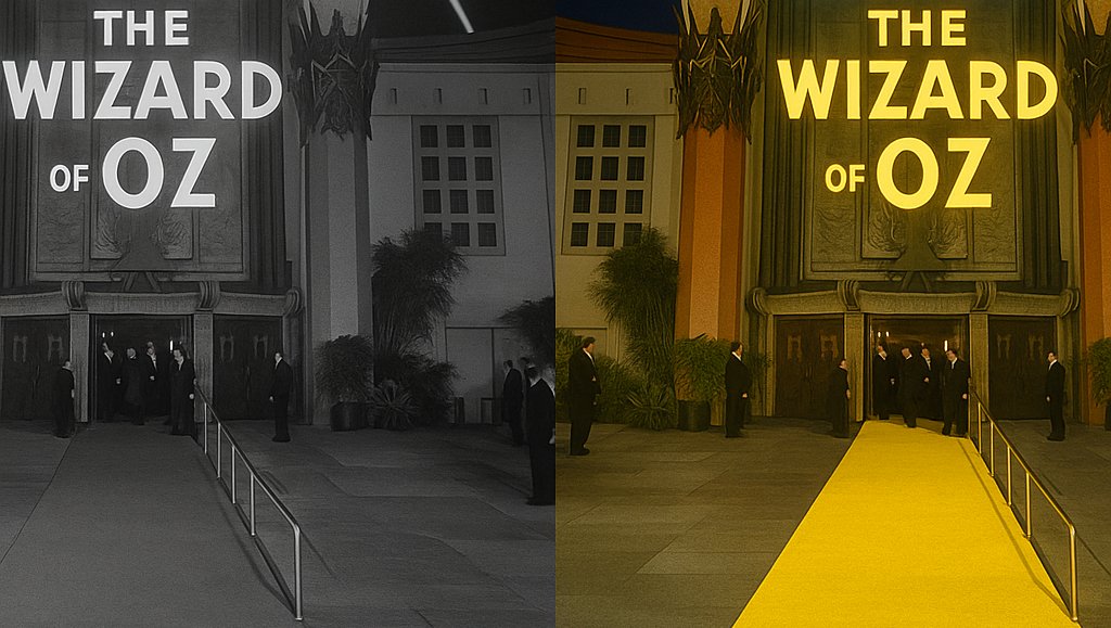 The Wizard of Oz World Premiere – August 15, 1939

Most famously, reports from the time recall that the sidewalk in front of Grauman’s was painted yellow.

We have re imagined premiere night 1939 with what the yellow brick road may have looked like welcoming attendees.