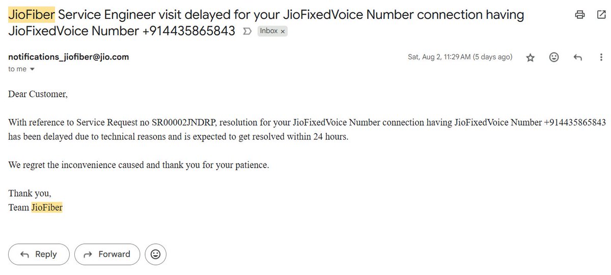 TheNetFreedMe's tweet photo. @JioCare Just like always, there are bots sitting in your DMs that refuse to look at the proof that I am providing that there was a disruption of JioFiber service for 72 hours at my residence from Aug 1 to Aug 4. Attached is proof in the form of notifications from JioFiber. https://t.co/DwjZMJ9Bys