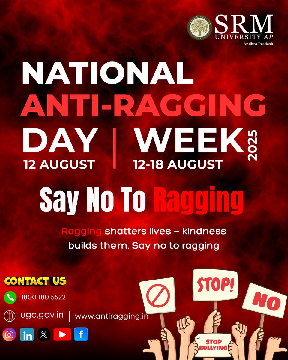 Respect. Dignity. Belonging. 
That’s what campus life should stand for.

This Anti-Ragging Week (12–18 Aug 2025), SRM University-AP, Amaravati, reaffirms its commitment to a ragging-free campus where kindness leads and every student feels safe to grow, learn, and thrive.

Ragging