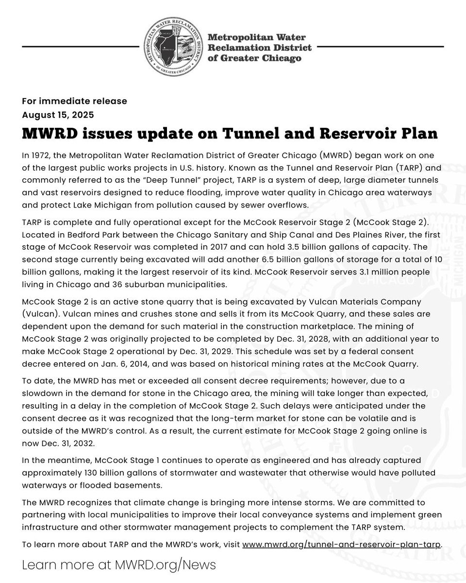 MWRD issues update on Tunnel and Reservoir Plan. 

Read the press release at MWRD.org/News:
mwrd.org/news/mwrd-issu…

#MWRD #CookCounty #TARP #TunnelAndReservoirPlan #Chicago #Stormwater #Wastewater