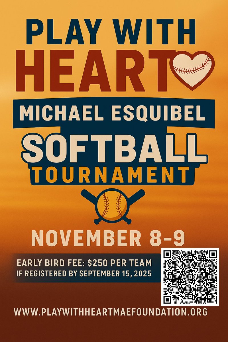 PWHMEFoundation's tweet image. 🥎 Game on! 🏆
Join us for the 1st Annual Michael Esquibel Memorial Softball Tournament!
📅 Nov 8–9, 2025 — Santa Fe, NM
💲 Early Bird ends Sept 15!

Register now ⬇
🔗 playwithheartmaefoundation.org

#Softball #SantaFeEvents #PlayWithHeart #FundraiserTournament #SoftballLife #NMEvents