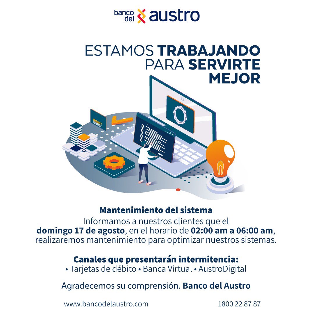 INFORMATIVO
Estimados clientes: El domingo 17 de agosto, nuestros servicios presentarán intermitencias debido a trabajos de mantenimiento programados.
Agradecemos su comprensión y confianza.