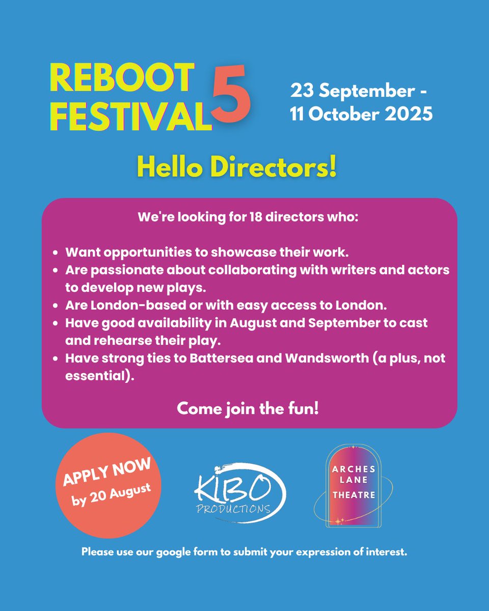 Kibo Productions (@kiboproductions) on Twitter photo Reboot Festival is turning 5 this year and has a new home <a href="/ArchesLaneSW11/">Arches Lane Theatre</a>!
Are you an emerging director who loves new writing and is looking for a fun, collaborative experience where you can meet and work alongside other early-career artists? Reboot just might be for you! 👇👇👇 Reboot Festival is turning 5 this year and has a new home <a href="/ArchesLaneSW11/">Arches Lane Theatre</a>!
Are you an emerging director who loves new writing and is looking for a fun, collaborative experience where you can meet and work alongside other early-career artists? Reboot just might be for you! 👇👇👇