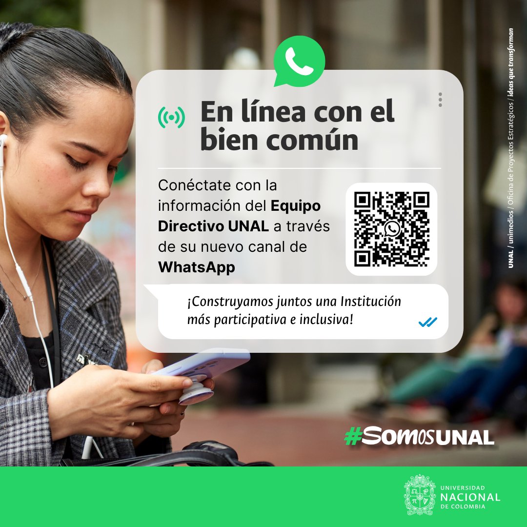 #ComunidadUNAL ¿Ya conocen el canal de WhatsApp del equipo directivo de la #UNAL? 🏛️ Un espacio creado para que construyamos juntos una universidad más participativa e inclusiva 🤝 Síguelo ahora ingresando al siguiente enlace ➡️ ow.ly/r25N50WGCJA | #SomosUNAL
