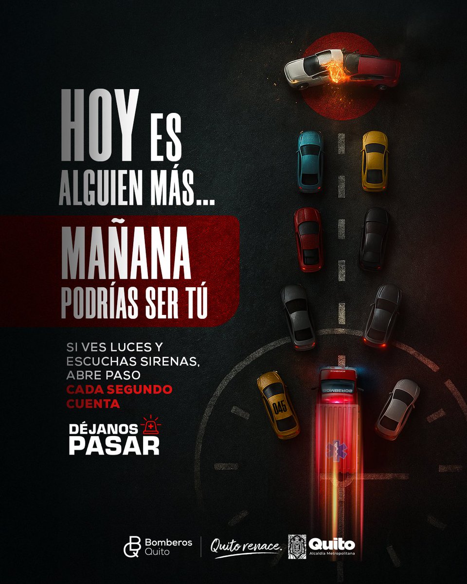 BomberosQuito's tweet photo. 🧑‍🚒 #SalvamosVidas | Hoy, podríamos contarte lo crucial que es cada segundo para salvar una vida, pero el verdadero mensaje es claro: DÉJANOS PASAR

🚨 Si escuchas la sirena de un vehículo de emergencia, por favor, cede el paso. 

#QuitoRenace