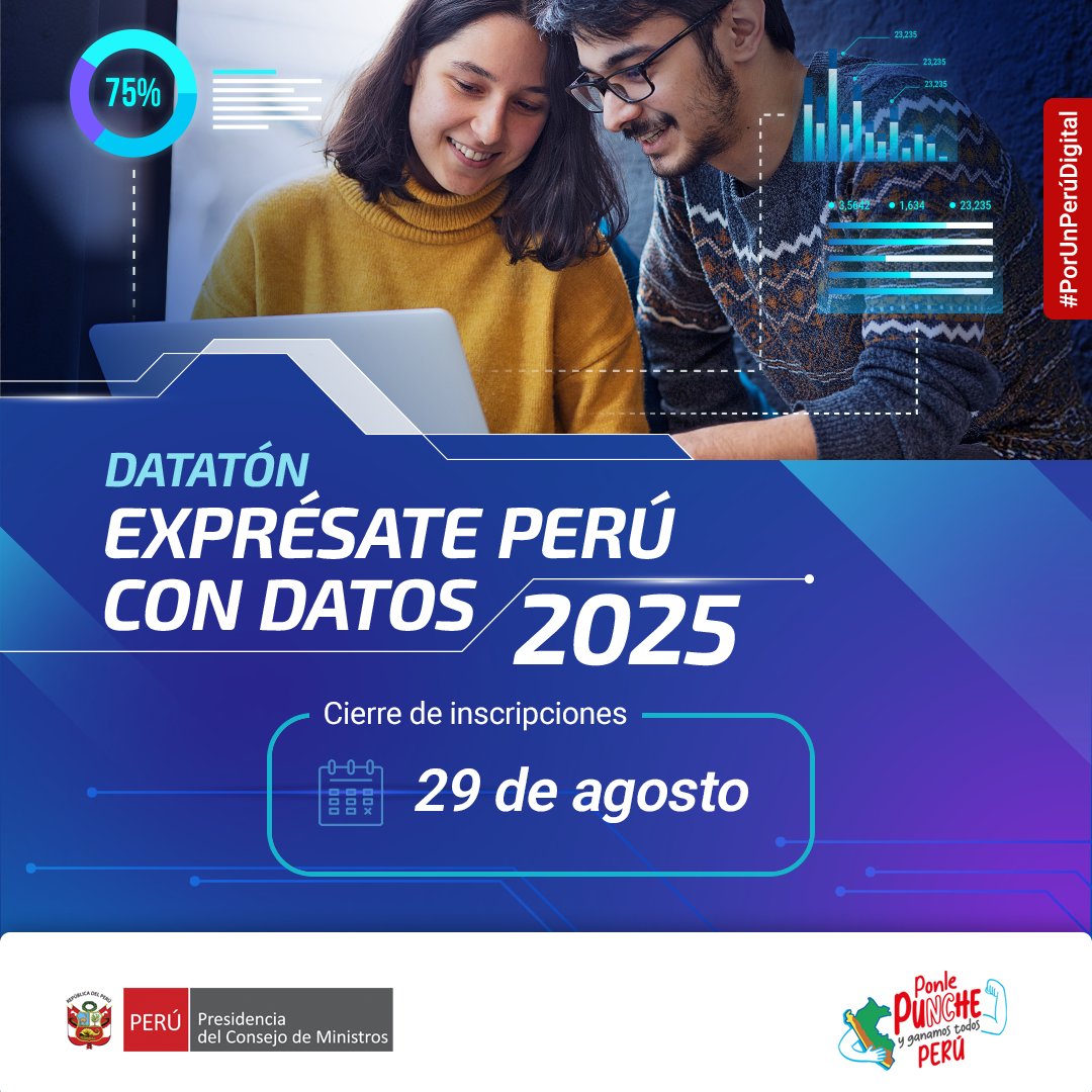 #NotaDePrensa | ¿Tienes una idea innovadora? ​
​Pronto llega la Datatón “Exprésate Perú con Datos 2025”, el espacio donde podrás transformar desafíos públicos en soluciones digitales creativas y sostenibles usando datos abiertos.💡​
​
Participa solo o junto a tu equipo y lleva