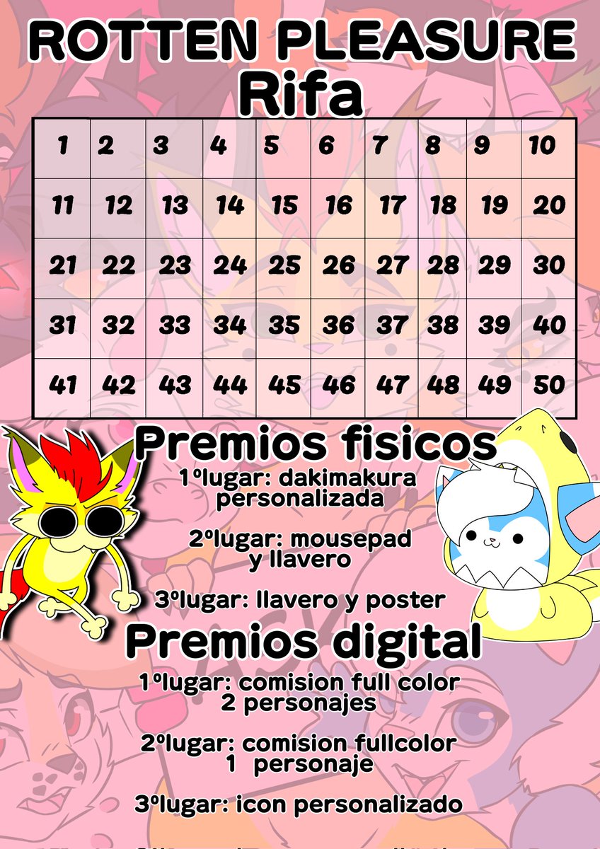 ✨HOLA GENTE BONITA✨
HABEMUS RIFA DE ROTTEN PLEASURE

✨A partir del día de hoy, estaremos haciendo una rifa de artículos y comisiones hechas por nosotros✨

✨Cada boleto tendrá un costo de 200 pesos mexicanos y el número será a elección del comprador✨