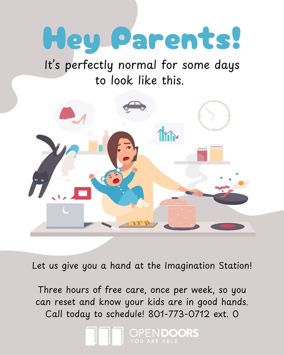 MNT_Associates's tweet photo. OPENDOORS / YOU ARE ABLE

Hey Parents!

It’s perfectly normal for some days to look like this.
Let us give you a hand at the Imagination Station!
Call today to schedule! 801-773-0712 ext. 0

https://t.co/wD0oty43vi https://t.co/ZfqjYfpGO1