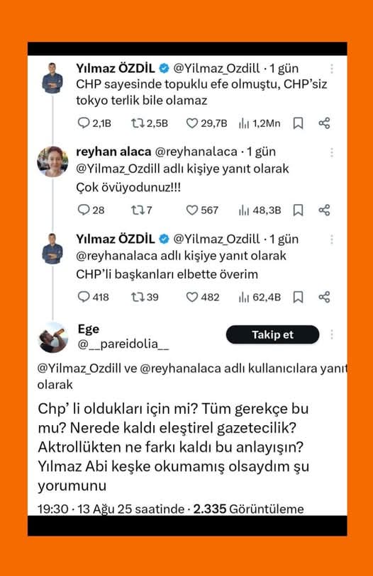 Hem CHP borazanı, 
hem "tarafsız"gazeteci.
Birini övmesi için CHP'li olması yeterli.
Hırsız,uğursuz önemli değil. Karakter dürüstlük,çalışkanlık, halka hizmet,
bunların hiç biri YOZDİL'in övgüsünü kazanmak için
yeterli değil.
Yakasında CHP rozeti olsun,isterse ülkeyi soysun.