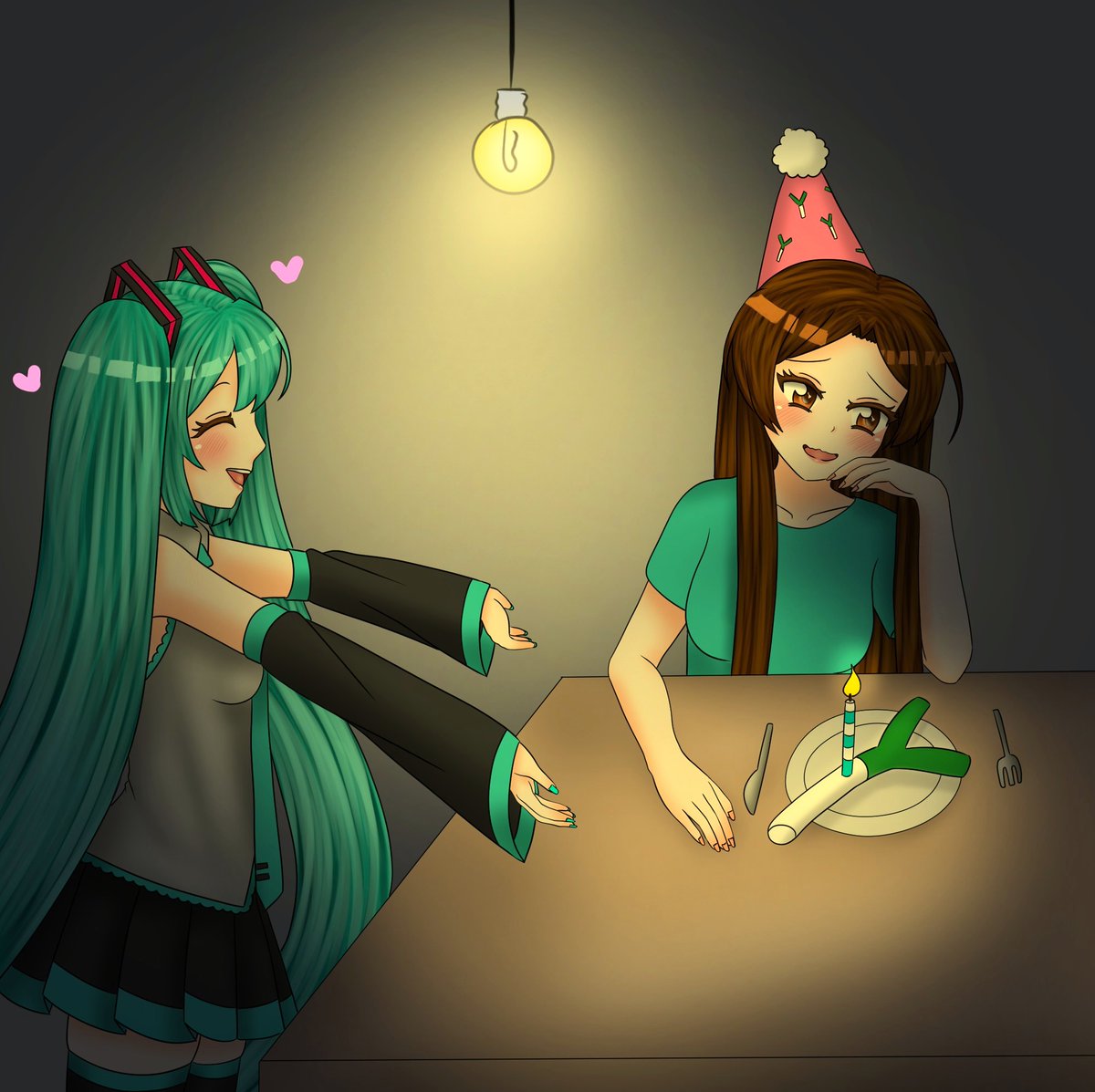 Emi1Chan's tweet photo. "Very cute of you Miku, but- just asking, is that a leek shaped cake or a actual leek...?" https://t.co/j51hxHkUmp