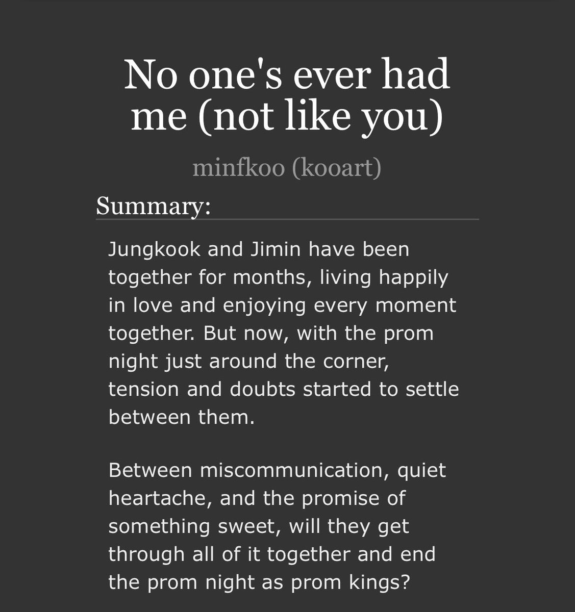 minfkoo's tweet photo. No one's ever had me (not like you)
⚽️Jikook fic
⚽️ Established relationship 
⚽️ jimin cheerleader 
⚽️ jungkook soccer player
⚽️ Prom!!!! 

🔗 https://t.co/6A4xbTMhxB https://t.co/NiBWkbdbO3