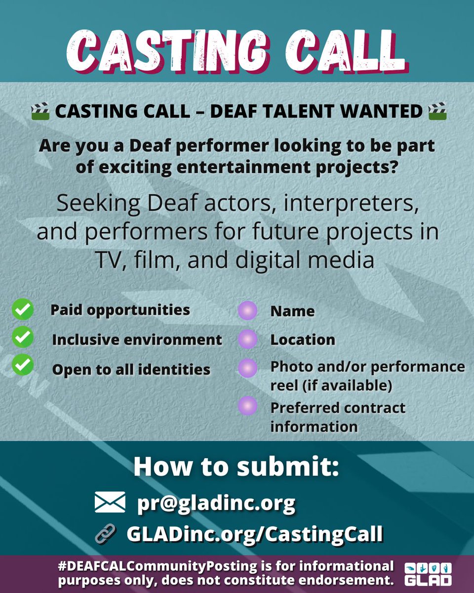 🎬 CASTING CALL – DEAF TALENT WANTED 🎬 Are you a Deaf performer looking to be part of exciting entertainment projects? More info or apply online: GLADinc.org/CastingCall
—
#DEAFCALCommunityPosting for informational purposes only, does not constitute endorsement.
