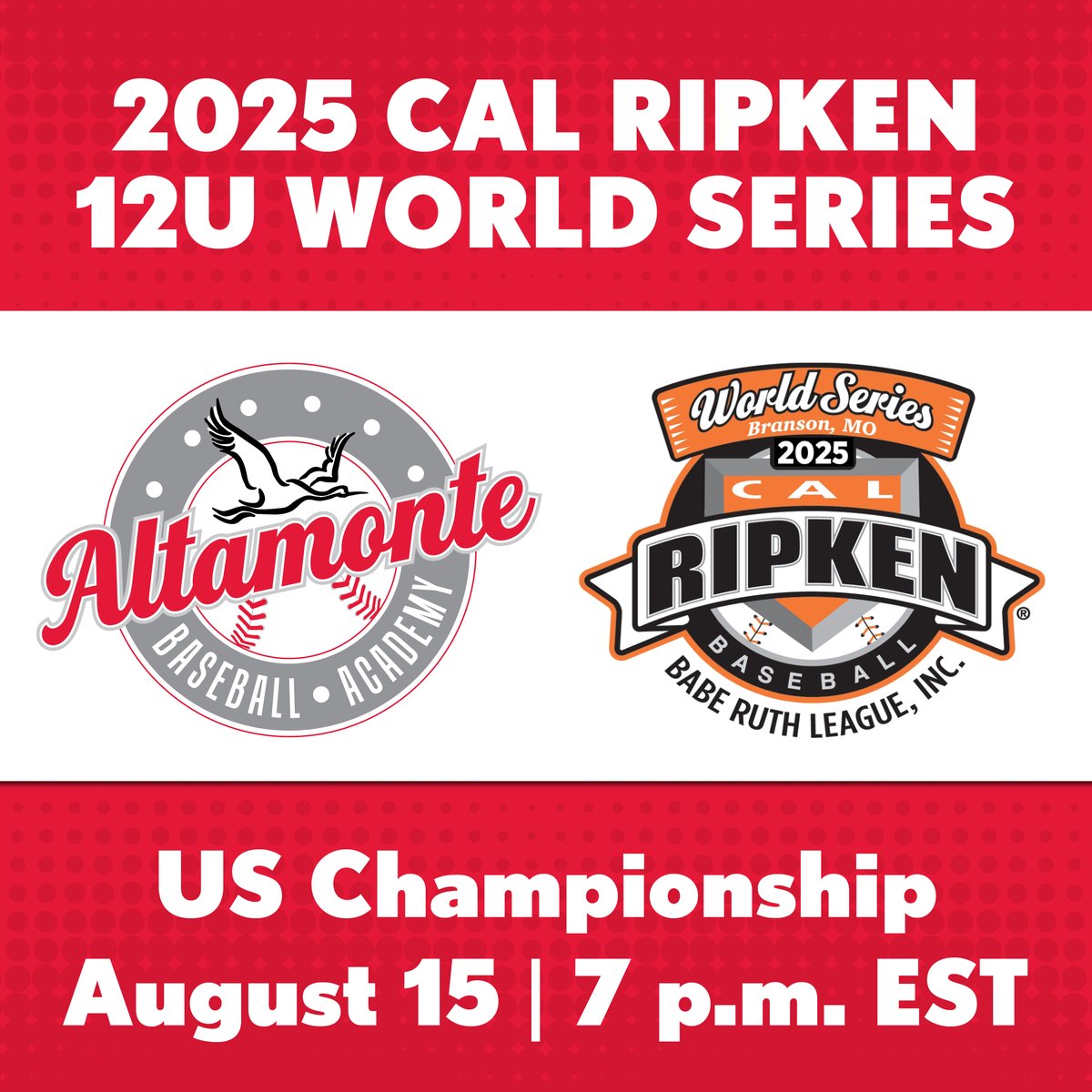 🚨 Game 6 Alert 🚨  ABA 12U is just one win away from the Cal Ripken World Series Championship Game!

#BigRed will be facing off against Central Ozarks, MO  tonight at 7 p.m. EST for a spot in the World Series Championship Game!

Watch live on CNBC and cheer them on as they fight