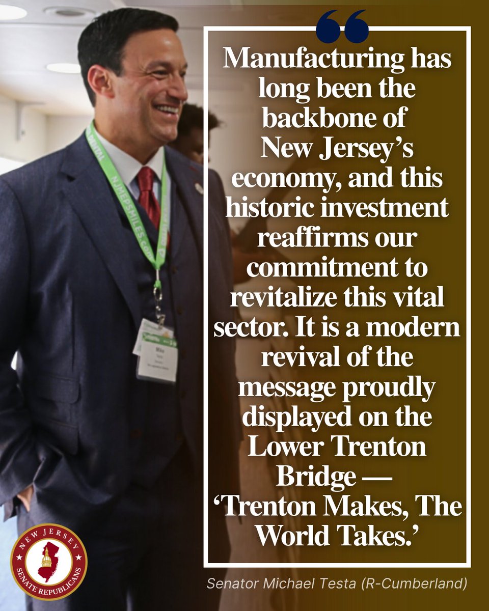 .@SenatorTesta (R-1) championed the largest manufacturing investment in state history—and this week, it was signed into law. ⚙️

The Next NJ Manufacturing Program, a $500M tax credit initiative, will spark innovation and create high-quality careers right here in the Garden State.