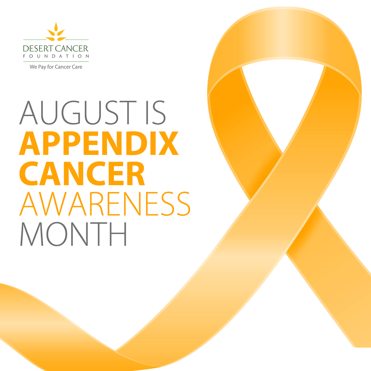 DesertCancer's tweet image. August is Appendix Cancer Awareness Month. 💛 Join Desert Cancer Foundation in honoring those affected and raising awareness for this rare cancer. Knowledge saves lives—early detection matters. bit.ly/2NY07KG #AppendixCancerAwareness #DesertCancerFoundation