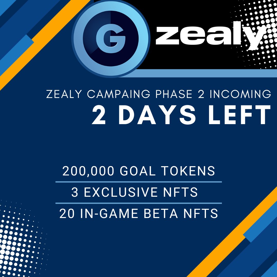 GoaliumProject's tweet photo. 🚀 Just 2 days to go! Zealy Phase 2 Airdrop is launching!

💰 200,000 GOAL up for grabs
🎨 3 Exclusive NFTs
🎮 20 In-Game Beta NFTs for use in-game

🔥 Don’t miss your chance to be part of it!

🌐 More info: https://t.co/YkermKH2SL 

#Zealy #NFT #Crypto #Goal #Goalium https://t.co/aM77JCTRnH