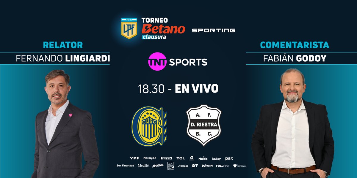 Mirá en vivo, desde las 18.30 y por <a href="/TNTSportsAR/">TNT Sports Argentina</a>, el partido que jugarán <a href="/RosarioCentral/">Rosario Central</a> y <a href="/prensariestra/">Deportivo Riestra</a> en el Gigante de Arroyito, por la #Fecha5 del #TorneoBetano Clausura 2025 🏆. Relata <a href="/ferlingiardi/">Fernando Lingiardi</a> y comenta <a href="/fabig08/">Fabián Godoy</a>.

➡️ Suscribite al Pack Fútbol: packfutbol.com.ar