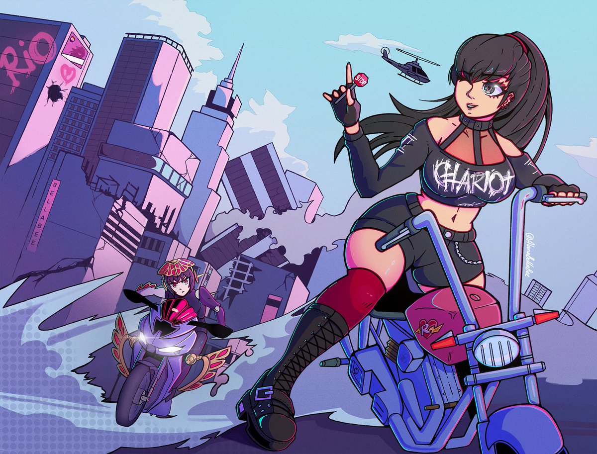AlanaBellaBee's tweet photo. Rio Iwasaki + Metis - Giant bike rampage.🏍️

Thankyou @MattDruzian for commissioning this piece :)

(Original Rio outfit design by Koyorin)

#persona #giantess https://t.co/xwvz8NGaor